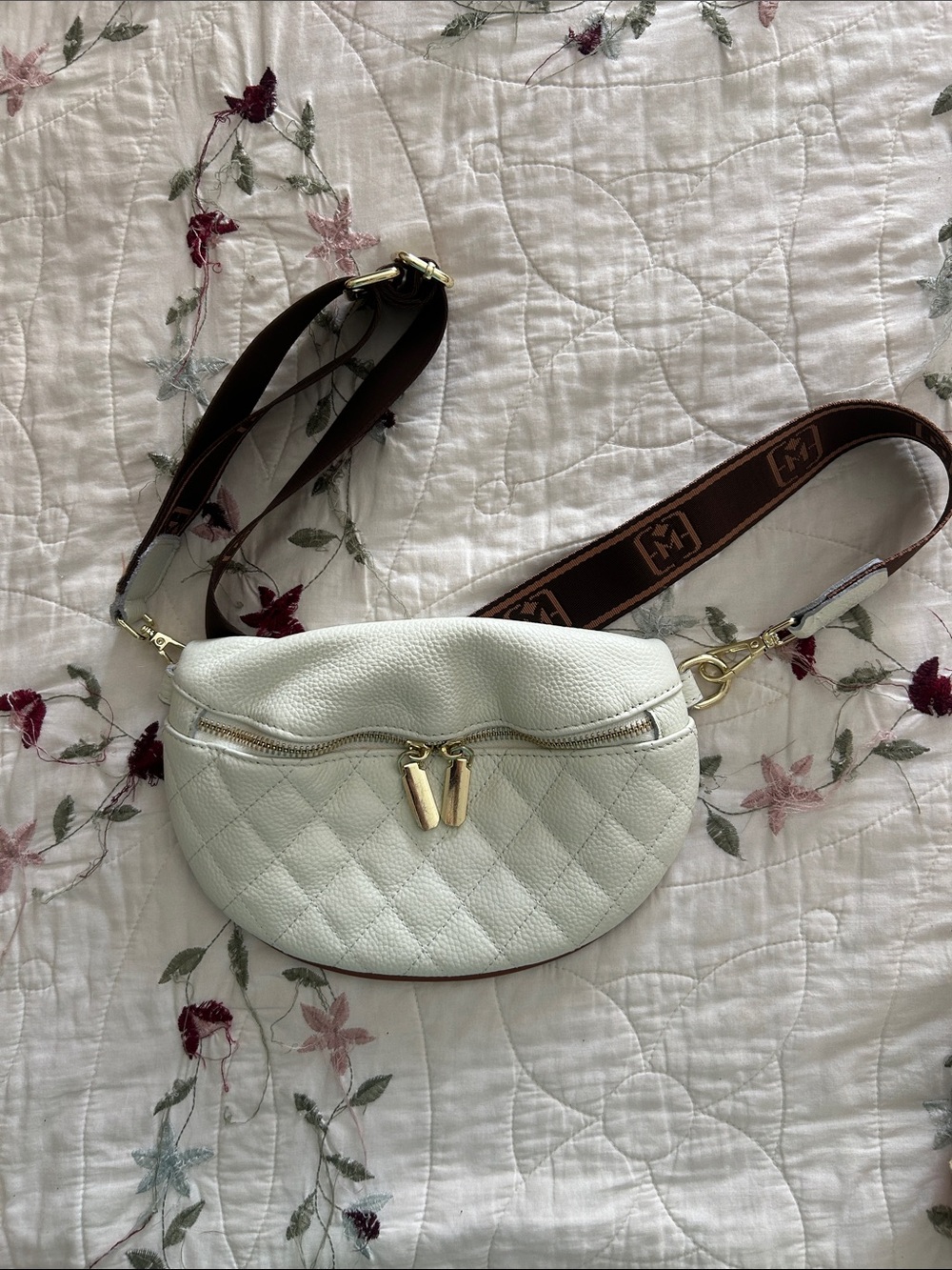 Quilted White Leather Crossbody Bag with Branded Adjustable Strap